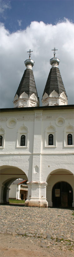 The St. Ferapont Belozero Monastery. The Holy Gates act as an entrance to the monastery:  two different in size arches of the gates serve as everyday and festive entrances to the monastery